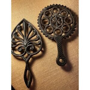 Cast Iron Trivets Set of 2-Round Texas Star and Heart Shaped--Vintage